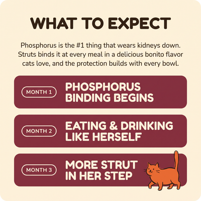 What to expect with Struts Kidney: month 1 phosphorus binding begins, month 2 eating and drinking like herself, month 3 more strut in her step